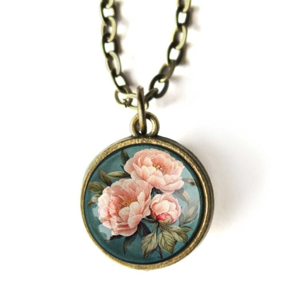 Pink Peony Pendant‎ Necklace - Indiana State Flower - Floral Vintage Jewelry - Picture 2 of 5